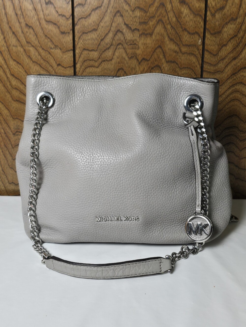 Michael Kors Light Gray Pebbled Leather Shoulder Bag with Silver Chain
